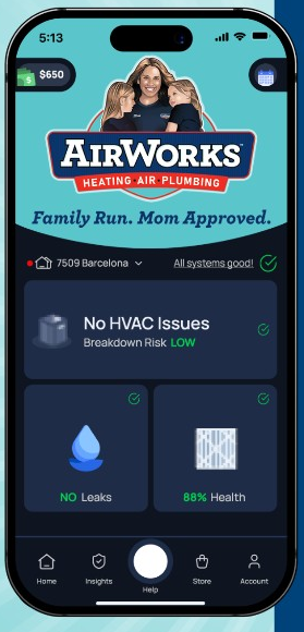 AirWorks Comfort Monitoring app showing live home status